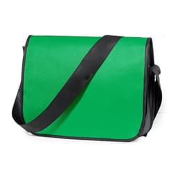 A green messenger bag with a black strap, featuring a smooth surface and an adjustable shoulder strap.
