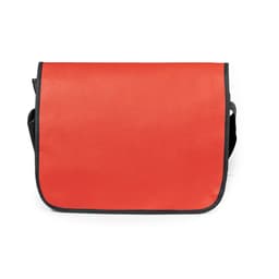A red messenger bag with a black trim and an adjustable strap, featuring a logo on the front.