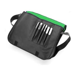 A black bag with a green flap, featuring multiple pockets for pens and a shoulder strap.