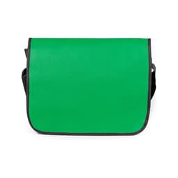 A green messenger bag with a black trim and adjustable strap. It features a flap closure and has a logo.