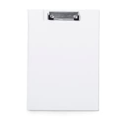 A white clasor folder with a clip at the top, ideal for holding documents and papers securely.