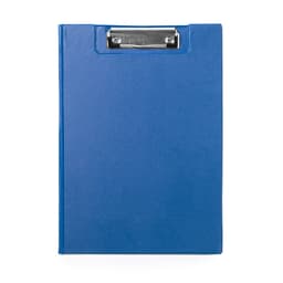 A blue folder with a silver clip on the top for holding documents. It has a smooth finish and a clean design.