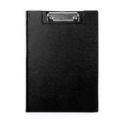 A black folder with a clipboard metal clip on top, designed for holding documents.
