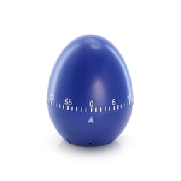 A blue egg-shaped timer with a white scale, indicating minutes from 0 to 60, and a triangular pointer.