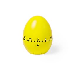 A yellow egg-shaped timer with a dial marked from 0 to 60 minutes and a logo on the base.