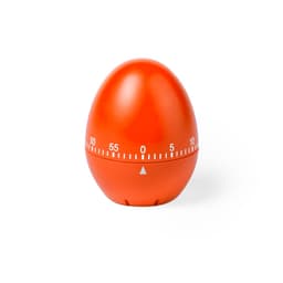 An orange egg-shaped timer with a white circular dial and markings from 0 to 55 minutes.