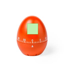 An orange egg-shaped timer with a numbered dial and a square display area. Features a branding logo.
