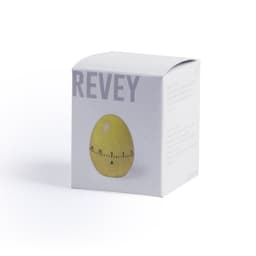 A yellow egg-shaped timer in a white box with a logo. The design is simple and modern.