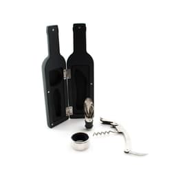 A black wine set featuring two bottle-shaped cases, a corkscrew, a pourer, and a wine stopper inside.