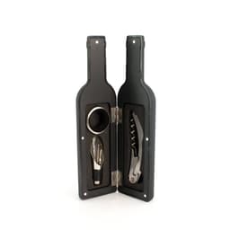 A wine set in a bottle-shaped case, featuring a corkscrew, aerator, and pourer in silver and black.