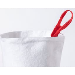 A white sock with a red loop at the top, set against a plain background. The item has a smooth texture.
