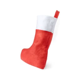 A red sock with a white top, featuring a loop for hanging. It has a smooth, plush texture.