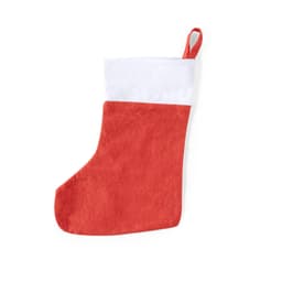 A red and white Christmas stocking with a hanging loop, featuring a soft, plush texture.