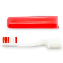 A red toothbrush with a white handle and red bristles, accompanied by a matching red cover.