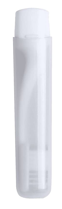 A white toothbrush encased in a transparent protective cover, featuring a simple design and rounded edges.
