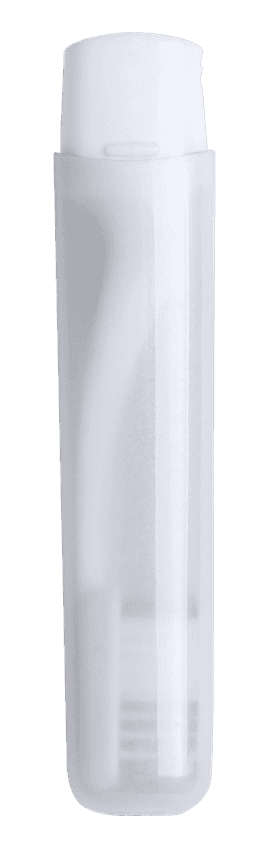 A clear and white toothbrush enclosed in a transparent case, featuring a logo on the case.