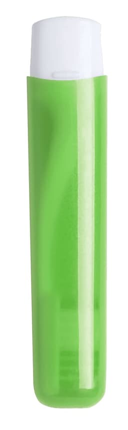 A green toothbrush with a white lid, featuring a sleek design and a logo on the surface.
