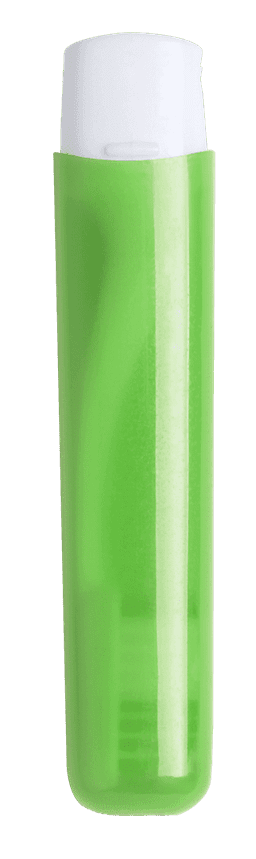 A green toothbrush with a white cap, featuring a sleek design and a visible logo.