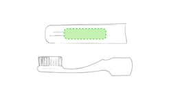 A toothbrush with a green accent, featuring soft bristles and a curved handle. It includes a space for branding.