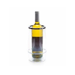 A drink bottle cooler with a clear design holding a wine bottle, featuring a silver rim at the top.