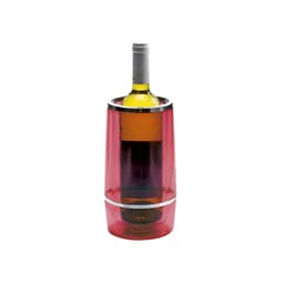 A drink bottle cooler in vibrant red with a silver rim, designed to hold a bottle securely.