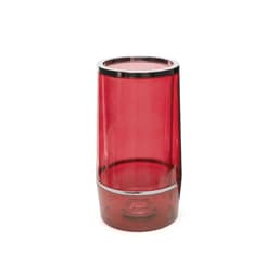 A drink bottle in a vibrant red colour with a chrome accent at the top and bottom. Features a logo.