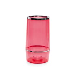 A drink bottle in bright red with a silver lid, featuring a modern, sleek design. It has a logo on the surface.