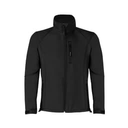 A black soft shell jacket with a zippered front and two side pockets, featuring a logo on the chest.