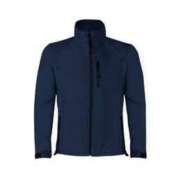 A navy soft shell jacket with a full zipper, featuring multiple zippered pockets and a logo.