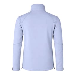 A soft shell jacket in light blue, featuring a high collar and a sleek design with a small logo.