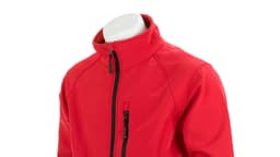A red soft shell jacket with a stand-up collar and a zippered pocket, featuring a logo.