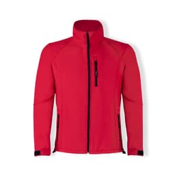 A red soft shell jacket with a zip closure and two side pockets, featuring a vertical chest pocket and a logo.