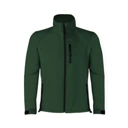 A soft shell jacket in deep green, featuring a high collar and zippered pockets. It includes a logo on the front.