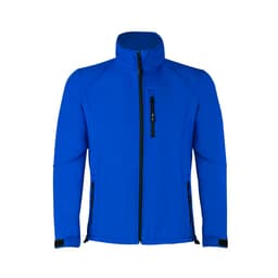 A blue soft shell jacket with zippered pockets and a high collar, featuring a logo.