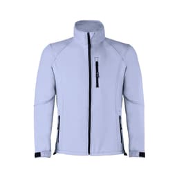 A light grey soft shell jacket with a high collar, zippered pockets, and black accents. Features a logo.