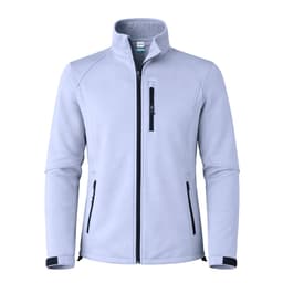 A soft shell jacket in light grey with a zippered front and black accents, featuring a logo on the chest.