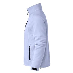A soft shell jacket in light blue with zippers and a collar, featuring a logo on the front.