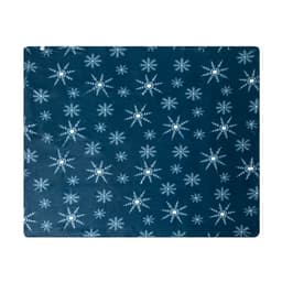 A blue blanket featuring a starburst pattern in white and light blue. It has a logo in one corner.