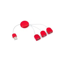 A red USB hub with a round base and three USB ports branching from it. It includes a USB connector.
