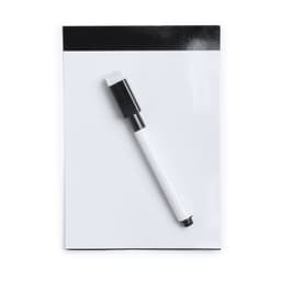 A magnetic whiteboard in white with a black border, accompanied by a black and white dry erase marker.