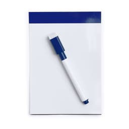 A white notepad with a blue top and a blue dry-erase marker resting beside it. The marker has a cap.