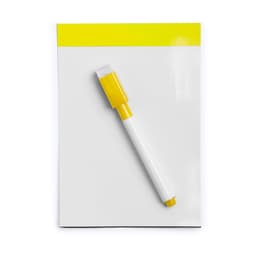 A white dry erase marker with a yellow cap and a whiteboard note pad with a yellow border.