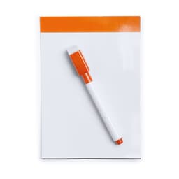 A notepad with a glossy white surface and an orange cap marker positioned diagonally across the top.