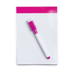A white notepad with a pink border and a matching pink whiteboard marker resting on it.