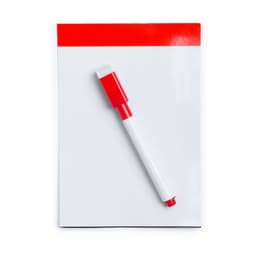 A white notepad with a red top and a red and white dry erase marker resting on it.