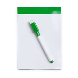 A notepad with a white surface and a green marker resting on top, featuring a green accent.