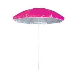 A pink and white beach umbrella with a central pole, featuring a curved canopy design. It has a logo on it.