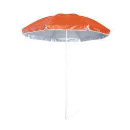 An orange and silver beach umbrella with a white pole, designed for leisure and outdoor use.