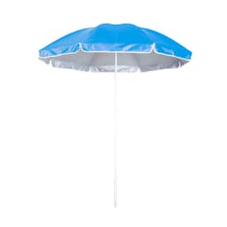 A blue beach umbrella with a white trim and a white pole, featuring a branding logo.