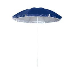A navy blue beach umbrella with a white underside and a white pole, featuring a logo on the canopy.